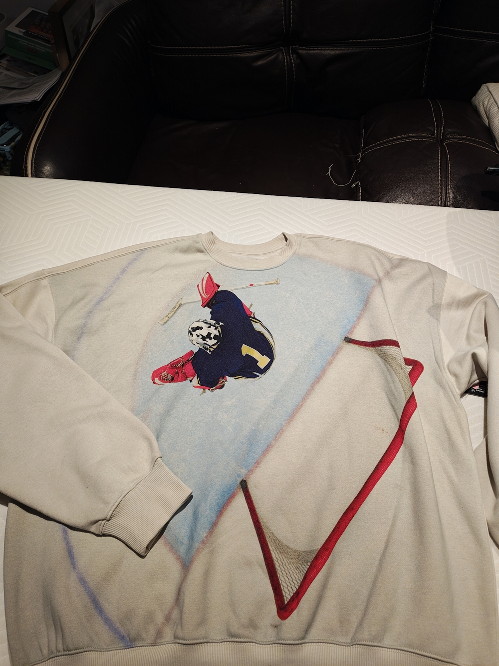 Men's Cream Graphic Ice Hockey Sweatshirt - Crewneck Sweater